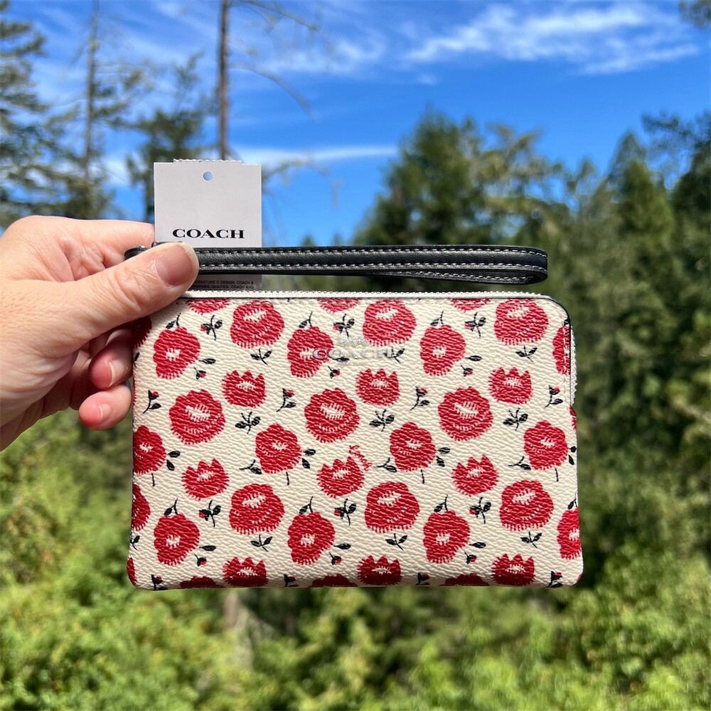 COACH Signature Canvas Rose Print Wristlet Wallet Clutch Silver Hardware NWT